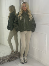 Zip up Puff sleeve oversized windbreaker - Khaki Green