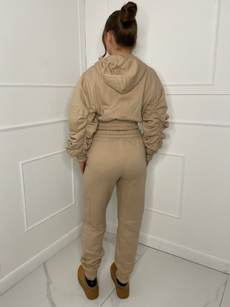 Cropped Ruched Sleeve Hoodie & Jogger Tracksuit - Stone