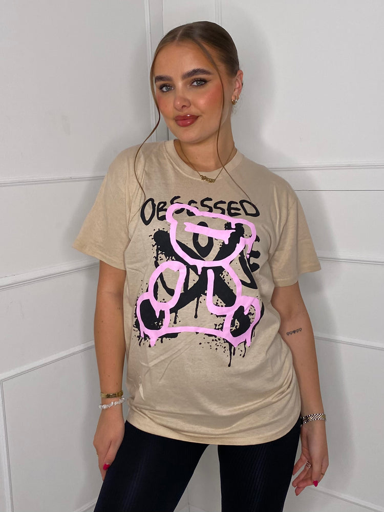 Obsessed Teddy Print T-shirt- Beige