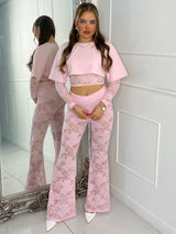 Round Neck Lace Underlayer Long Sleeved Cropped Top & Built In Pink Knicker Underlayer Lace Flares Co-Ord - Baby Pink