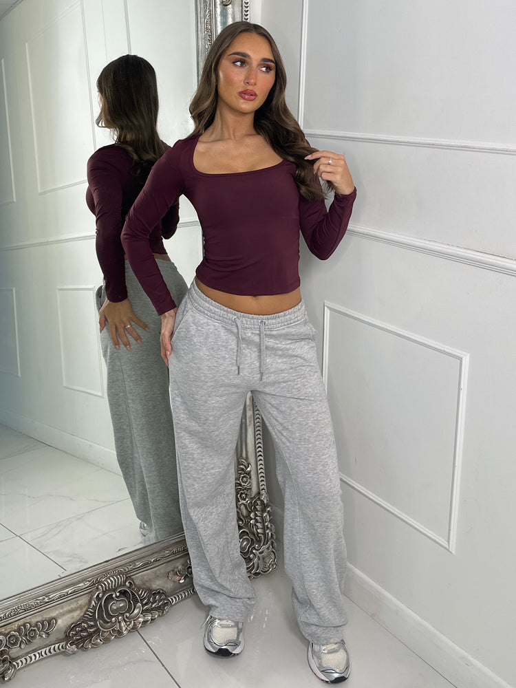 Square Neck Long Sleeve Sculpt Gym Top - Wine