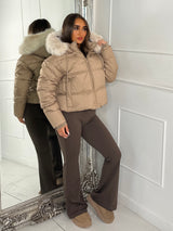 Cropped Faux Fur Trim Padded Jacket - Taupe/Cream