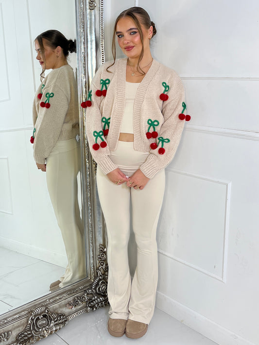 Cherry Detail Knitted Cardigan - Beige