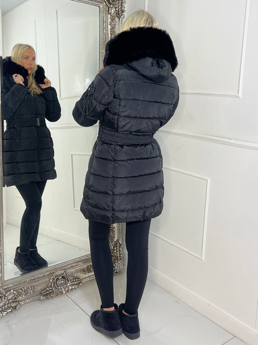 Long Padded Belted Coat With Faux Fur Hood - Black