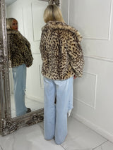 Leopard Print Faux Fur Collared Jacket - Beige/Brown