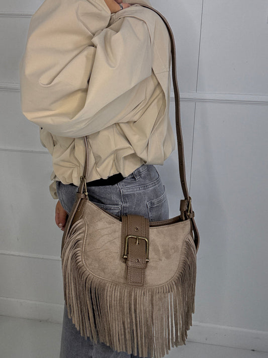 Suede Tassel Leather Strap Detail Shoulder Bag - Beige