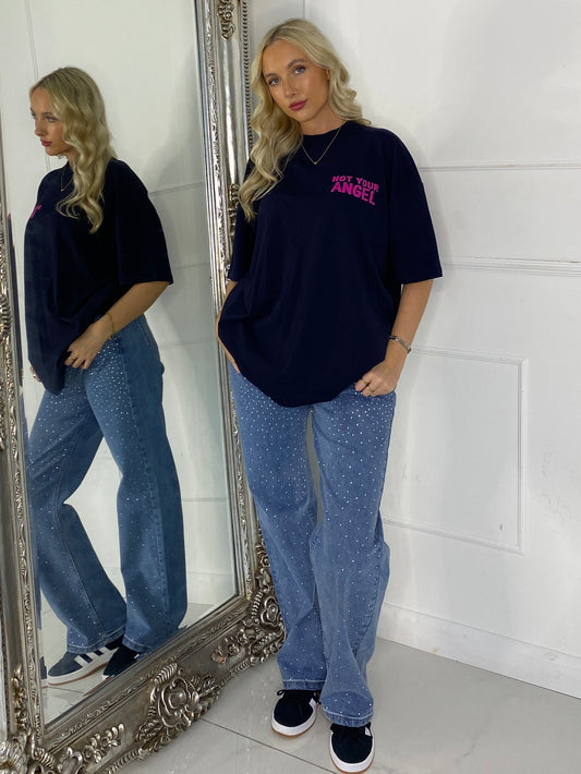 Ribbed Collar Oversized T-Shirt - Navy Not Your Angel Print