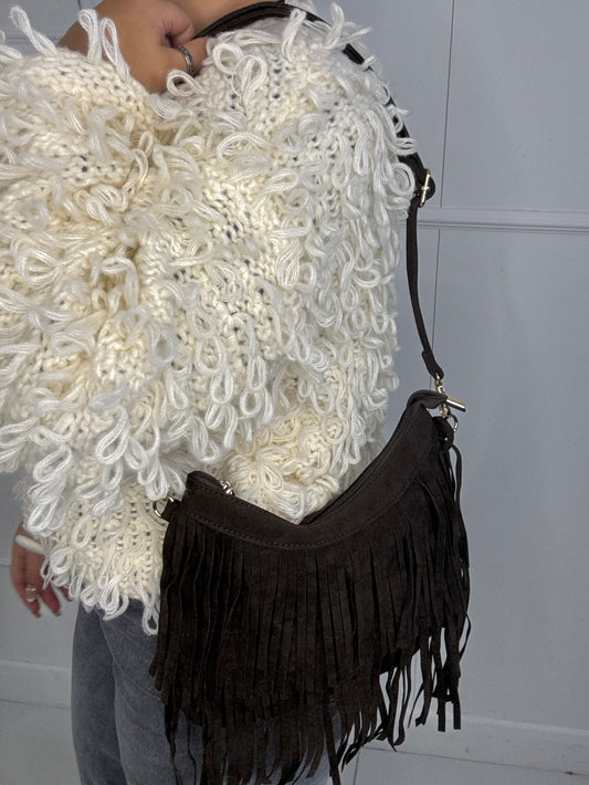 Suede Tassle Shoulder Bag - Brown