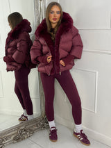 hooded puffer coat with faux fur trim - Wine