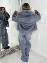 Oversized Collar Faux Fur Coat - Grey