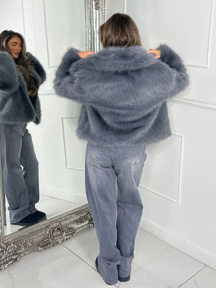 Oversized Collar Faux Fur Coat - Grey