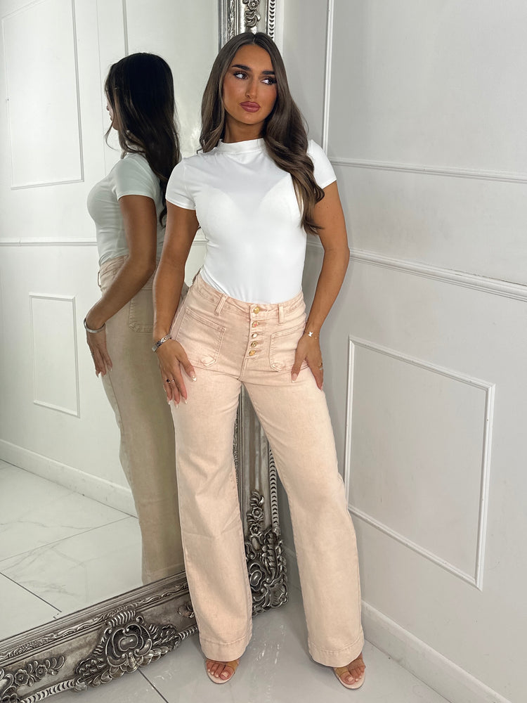 High Waist Pocket Front Jewelled Button Acid Wash Jeans - Peach