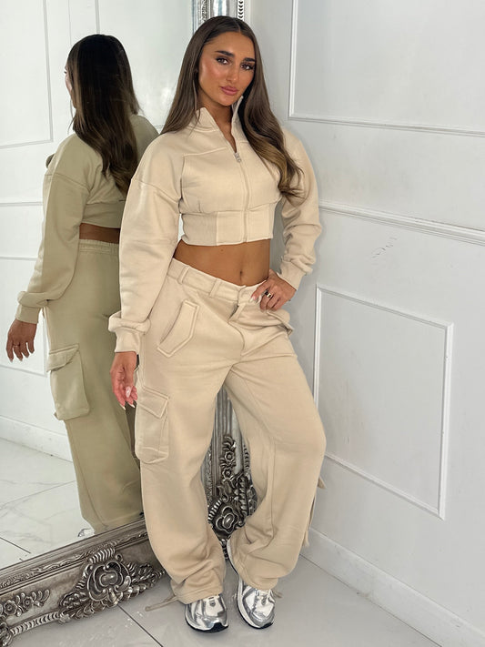 Cargo Pocket Detail Straight Leg Pants & Crop Zip Up Jacket - Beige