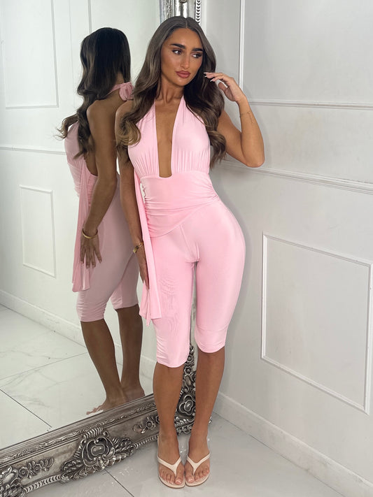 Backless Halter Neck Capri Jumpsuit-Pink