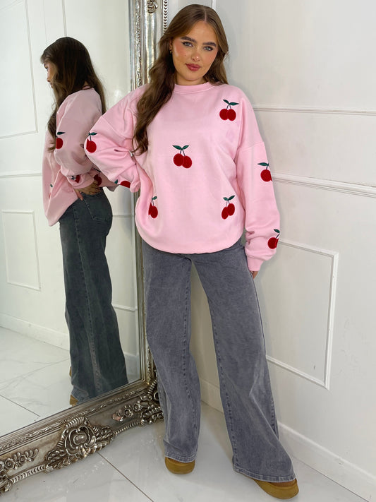 Embroidered Cherry Sweatshirt - Baby Pink