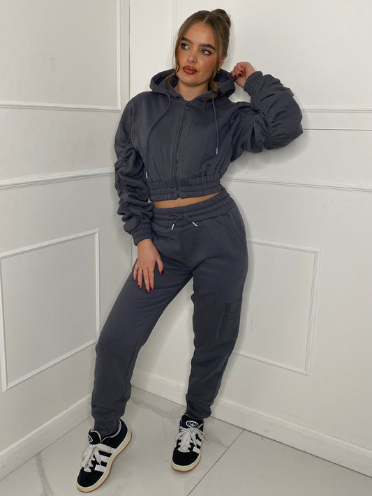 Cropped Ruched Sleeve Hoodie & Jogger Tracksuit - Charcoal Grey