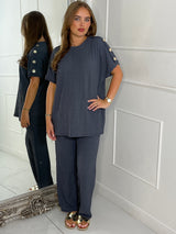 Gold Button Detail Oversized Top & Wide Leg Pants Co-Ord - Charcoal Grey
