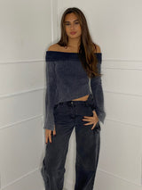 Thick Knit Fold Over Asymmetric Top - Grey