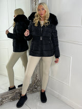 Padded Belted Coat With Faux Fur Hood - Black