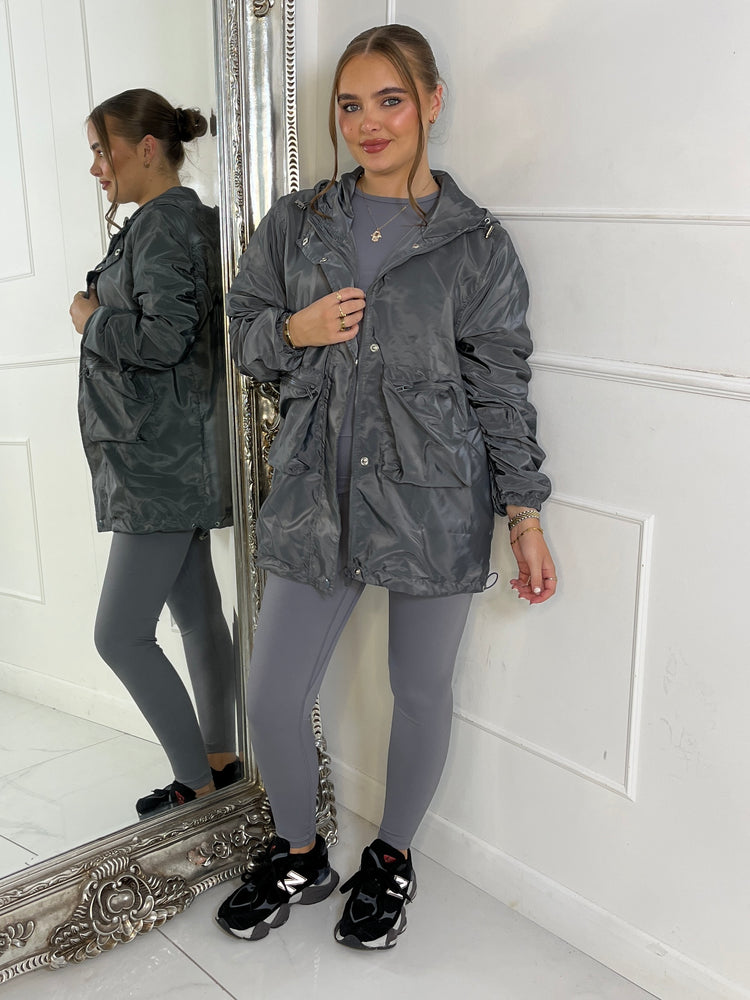 Long Ruched Sleeve Windbreaker Jacket - Charcoal Grey