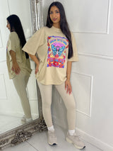 Ribbed Collar Oversized T-Shirt - Beige Butterfly Print