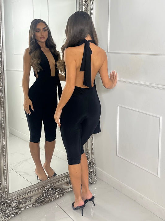 Backless Halter Neck Capri Jumpsuit-Black