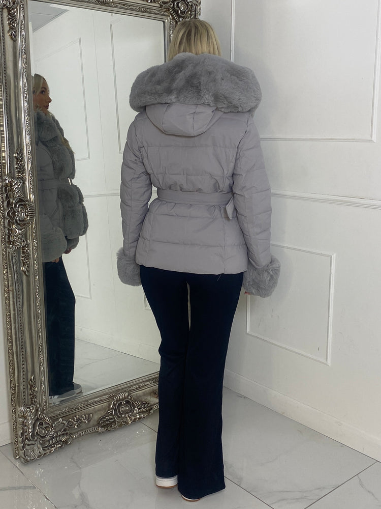 Padded Faux Fur Contrast Belted Jacket - Grey