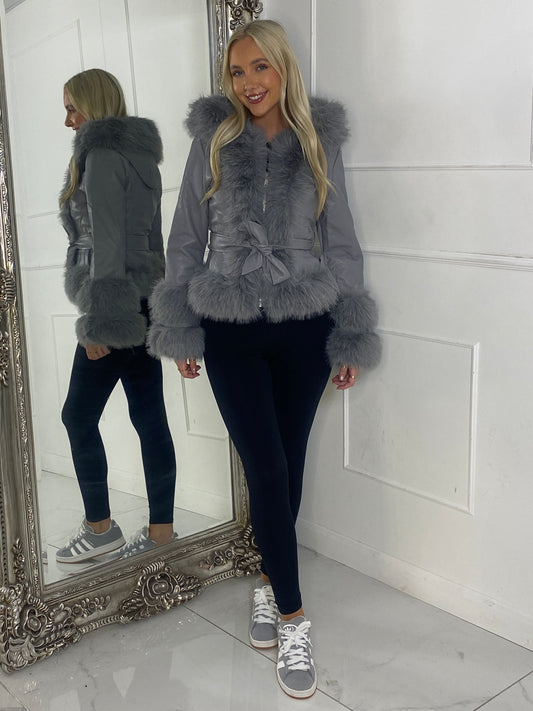 Short Belted Faux Fur & Pu Contrast Jacket - Grey