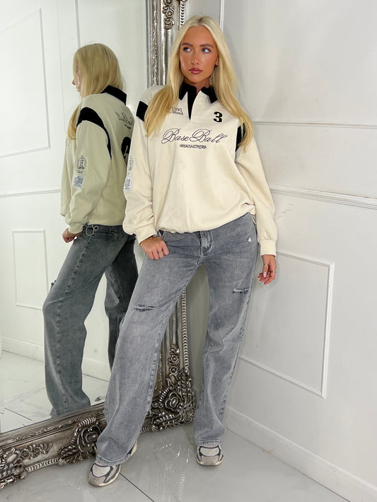 Varsity Slogan Detail Rugby Style Top - Cream/Multi