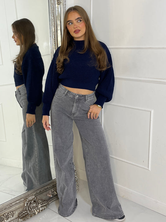 Plain Cropped Knitted Jumper - Navy