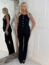 Gold button detail waistcoat and flares co-ord - Black