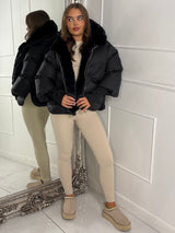 Hooded Puffer Coat With Faux Fur Trim - Black