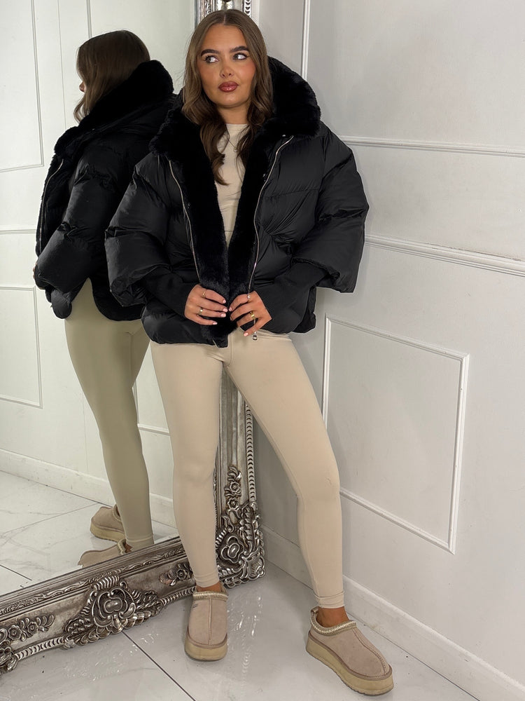 Hooded Puffer Coat With Faux Fur Trim - Black