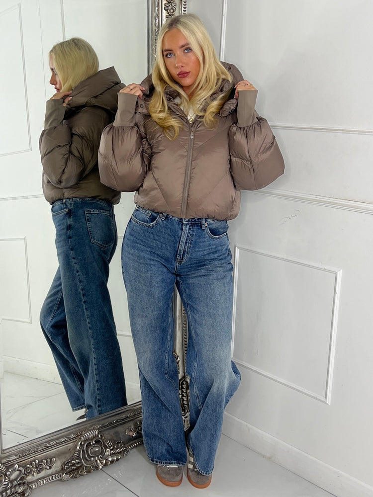 Puffer Coat With Detachable Hood - Taupe