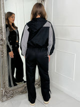 Hooded Colour block Jacket & Straight Leg Pants Set - Black/Grey