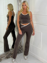 Crossover Ruched Bum Flares And Line Detail Tank Top- Brown/ White