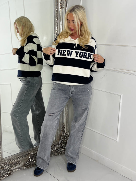 'New York' Slogan Striped Collared Jumper - Navy