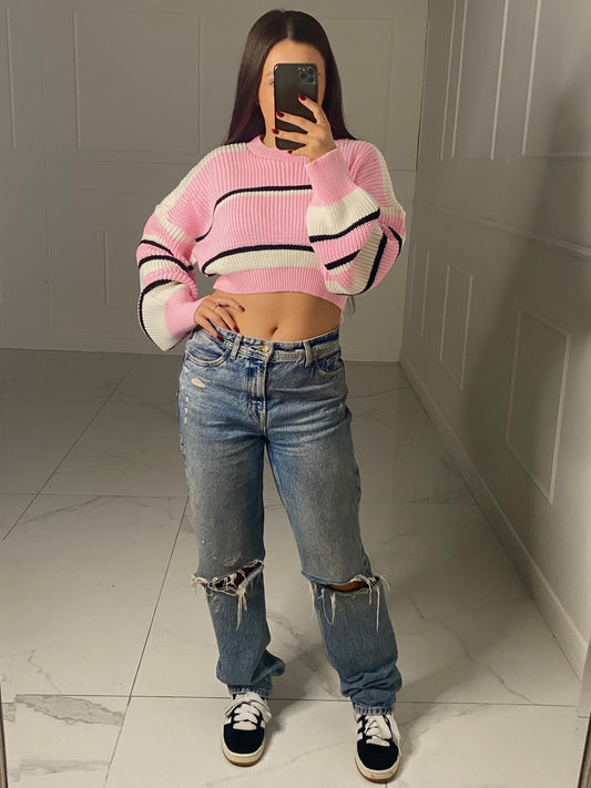 Striped Cropped Knitted Jumper - Pink