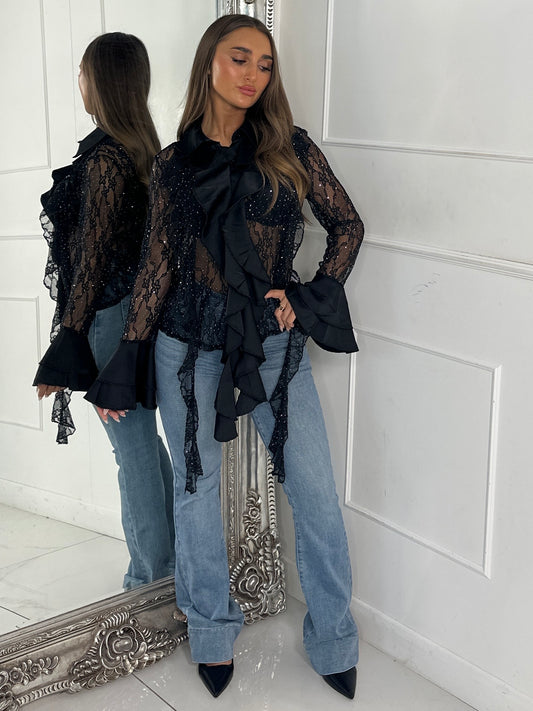 Lace Sheer Diamante Ruffle Shirt - Black