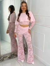 Round Neck Lace Underlayer Long Sleeved Cropped Top & Built In Pink Knicker Underlayer Lace Flares Co-Ord - Baby Pink
