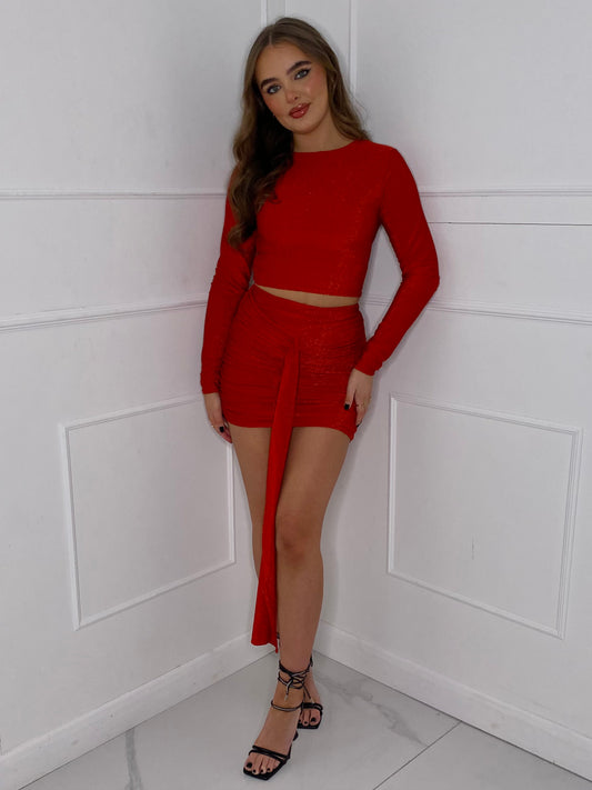 Glitter Drape Skirt Co-Ord - Red