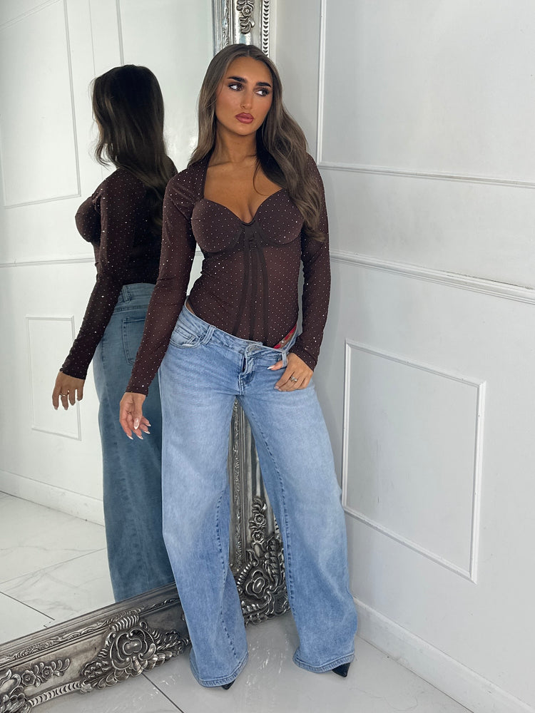 Long Sleeve Diamante Detail Cupped Bodysuit - Chocolate Brown