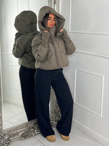 Cropped Puffer Coat With Hood- Khaki