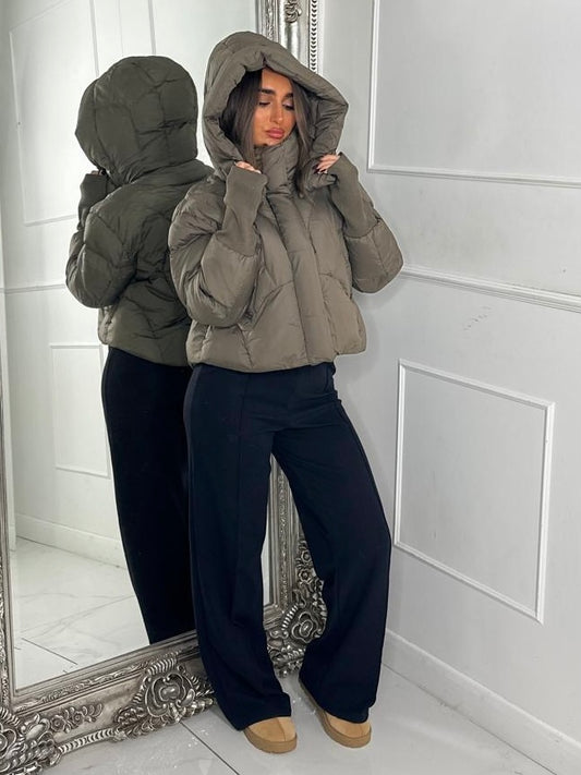Cropped Puffer Coat With Hood- Khaki