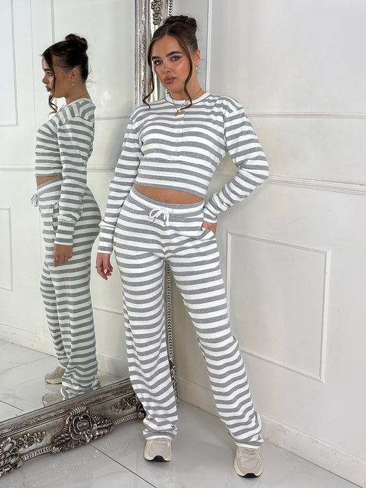 Ribbed Button Up Cinch Waist Co-Ord - Grey Stripe