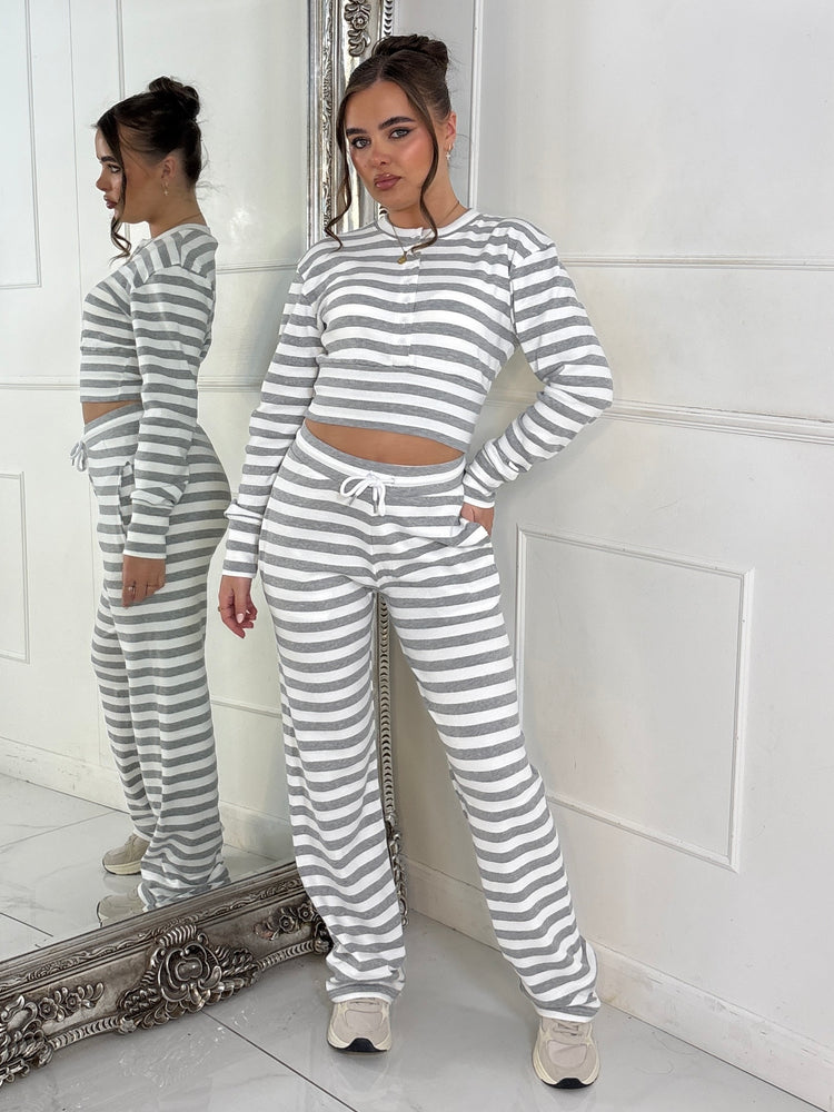 Ribbed Button Up Cinch Waist Co-Ord - Grey Stripe