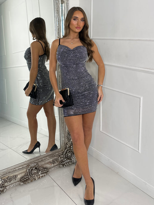 Strappy Diamante Mini Dress - Silver