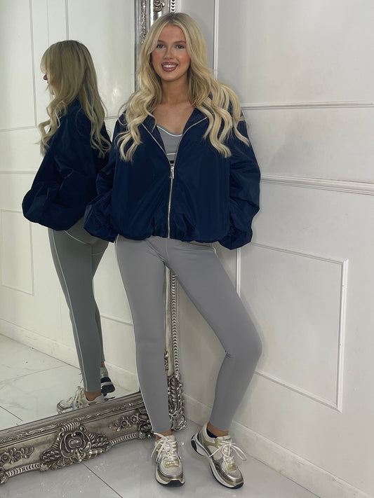 Zip up Puff sleeve oversized windbreaker - Navy Blue