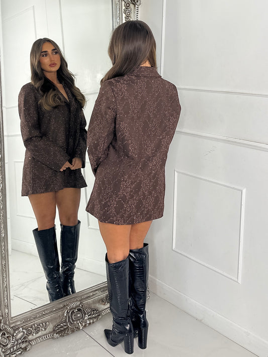Lace Diamante Detail Oversized Blazer Dress - Brown