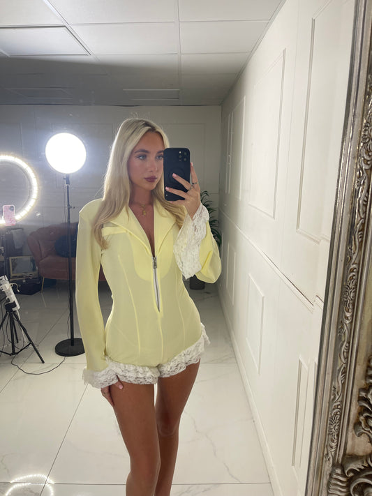 Lace Trim Detail Long Sleeve Zip Detail Playsuit - Lemon Yellow
